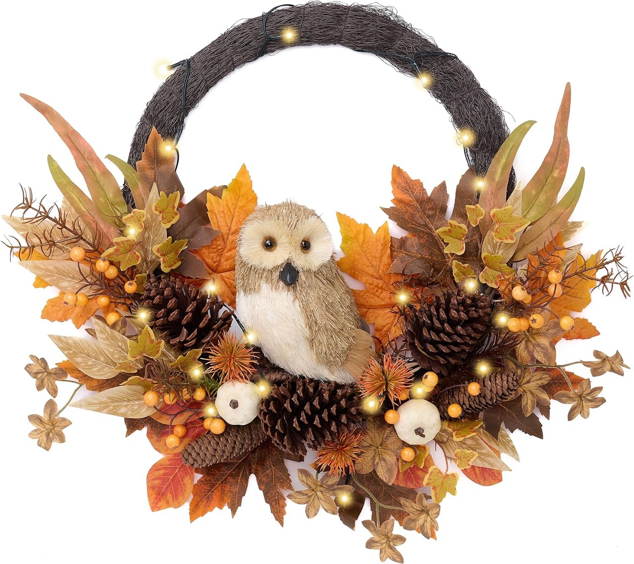 24" Fall Door Wreath with Lights Cute Owl for Harvest Porch Decor in Orange Autumn Maple Leaf Wreath for Indoor Window Halloween Thanksgiving Decorations